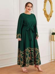 Plus Chain Print Bell Sleeve Self Belted Maxi Dress