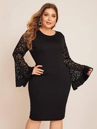 Plus Lace Panel Bell Sleeve Bodycon Dress