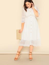 Plus Button Front Lace Overlay Dress