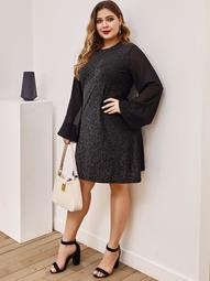 Plus Contrast Mesh Sleeve Glitter Fitted Dress