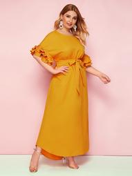 Plus Exaggerate Pleated Ruffle Cuff Self Belted Dress
