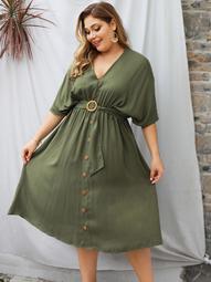 Plus V Neck Button Front Belted Swing Dress