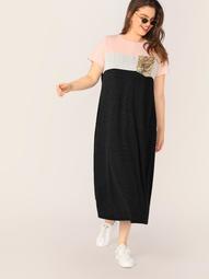 Plus Color-block Sequin Pocket T-Shirt Dress