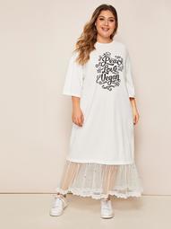 Plus Slogan Graphic Sequin Mesh Hem T-shirt Dress