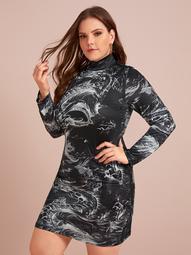 Plus High Neck Graphic Fitted Dress