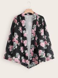 Plus Shawl Collar Allover Floral Print Coat
