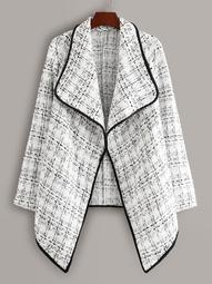Plus Waterfall Collar Contrast Binding Plaid Tweed Coat