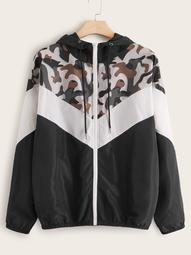 Plus Colorblock Camo Print Windbreaker Jacket