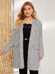 Plus Frayed Trim Double Breasted Tweed Coat