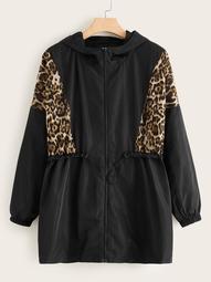 Plus Leopard Print Drawstring Waist Hooded Windbreaker Jacket