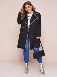 Plus Contrast Tweed Trim Double Breasted Belted Coat