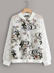 Plus Lace Raglan Sleeve Floral Print Bomber Jacket
