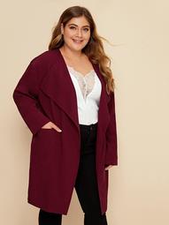 Plus Solid Waterfall Neck Pocket Coat
