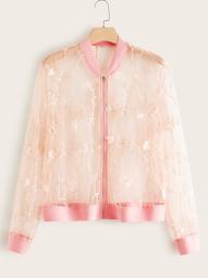 Plus Appliques Patch Embroidered Mesh Bomber Jacket