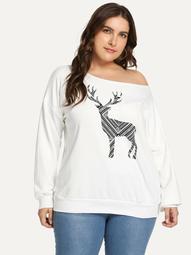 Plus Elk Print Drop Shoulder Sweatshirt