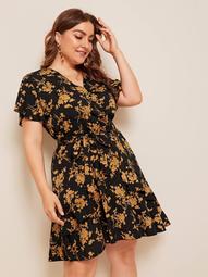 Plus Ditsy Floral Ruffle Hem Belted Dress