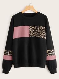 Plus Colorblock Leopard Print Sweatshirt