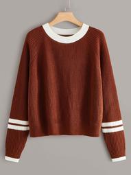Plus Striped Sleeve Round Neck Sweater