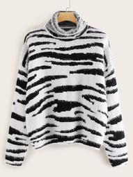 Plus Cowl Neck Drop Shoulder Zebra Striped Fuzzy Sweater