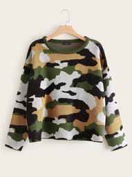 Plus Drop Shoulder Camo Pattern Sweater