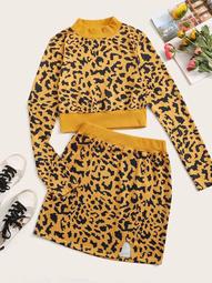 Plus Leopard Print Mock Neck Sweater & Sweater Skirt Set