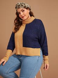 Plus Turtleneck Colorblock Slit Side Sweater