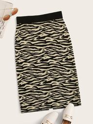 Plus Split Back Zebra Striped Knit Skirt