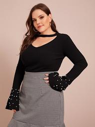 Plus Cut Out Pearls Beaded Flounce Sleeve Sweater
