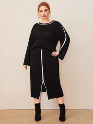 Plus Contrast Binding Sweater & Slit Hem Sweater Skirt