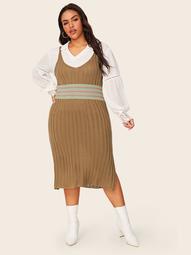 Plus Striped Slit Hem Rib-knit Sweater Dress Without Blouse