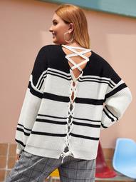 Plus Striped Colorblock Lace Up Drop Shoulder Sweater