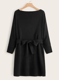Plus Solid Round Neck Belted Sweater Dress