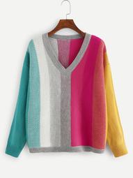 Plus V Neck Color-Block Sweater