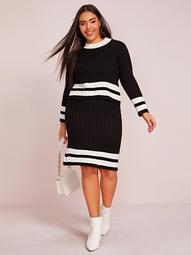 Plus Striped Rib-knit Sweater & Pencil Skirt Set