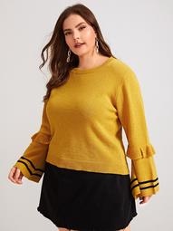 Plus Striped Ruffle Trim Flounce Sleeve Sweater