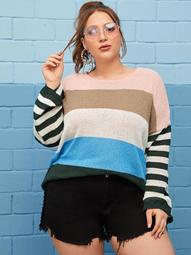 Plus Drop Shoulder Block Stripe Sweater