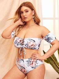 Plus Lace-up Off Shoulder Top With High Waist Bikini