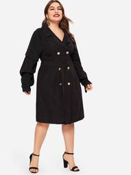 Plus Notch Collar Gathered Sleeve Buckle Belted Coat