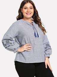 Plus Embroidered Striped Blouse