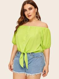Plus Neon Green Button Front Knotted Bardot Blouse