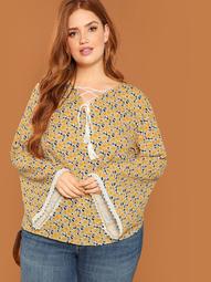 Lace Up V-Neck Bell Sleeve Top