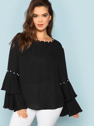 Plus Pearl Embellished Layered Flounce Sleeve Top