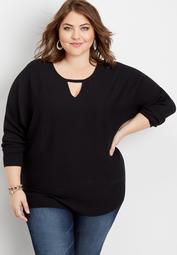 plus size solid long sleeve keyhole pullover