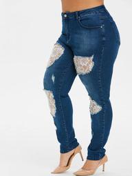 Plus Size Ripped Lace Panel Jeans