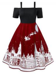 Plus Size Cold Shoulder Castle Print Christmas Dress