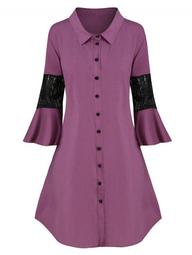 Plus Size Bell Sleeve Lace Insert Shirt Dress