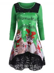 Plus Size Lace Insert Cat Print Christmas Dress