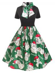 Plus Size Vintage Bowknot Cat Print Christmas Dress