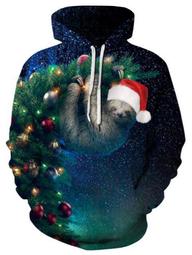 Sloth Print Christmas Tree Front Pocket Drawstring Plus Size Hoodie