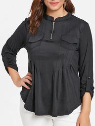 Plus Size Front Pockets Pleated T-shirt